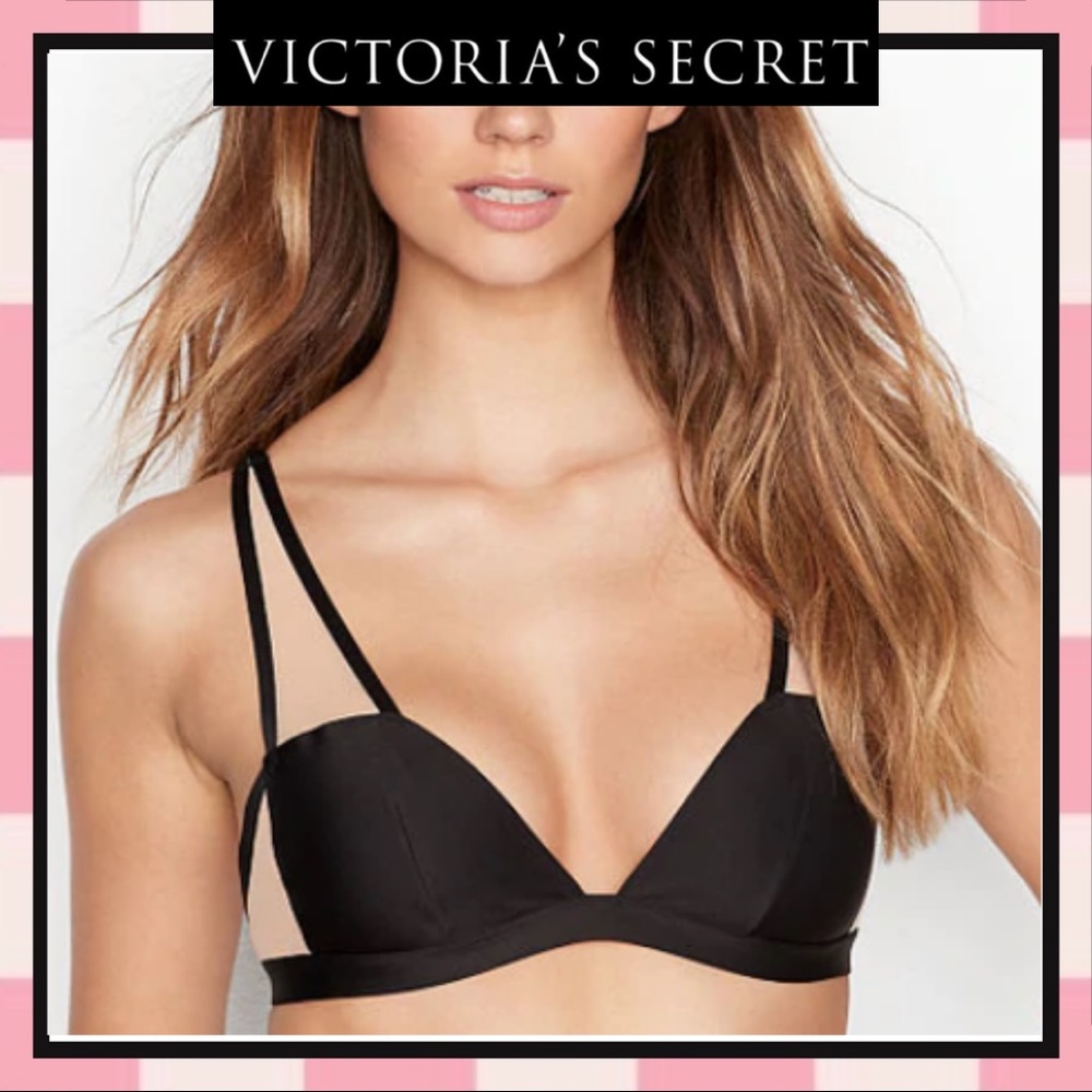 Victoria’s Secret Large Unlined Plunge Bra Black Satin with Nude Mesh Wi…